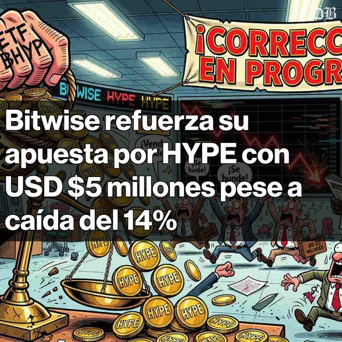 A cartoon illustration showing a handshake over HYPE coins with the text 'Bitwise refuerza su apuesta por HYPE con USD $5 millones pese a caída del 14%'.