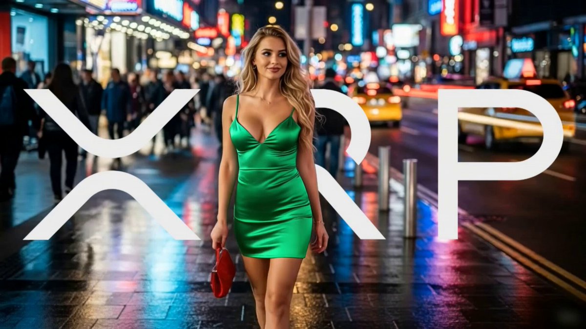 The image features a woman wearing a green dress walking down a city street at night, with bright neon lights illuminating the area around her. The text "XRP" is prominently displayed above her head, indicating that she is promoting an online marketplace called Ripple.