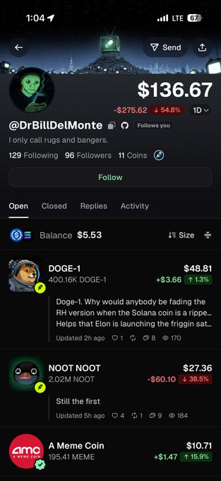 A user named @DrBillDelMonte ("I only call rugs and bangers") is requesting a feature to add short-selling and FUD functionality to their Robinhood-style crypto portfolio tracker, which currently shows a $136.67 total balance with holdings in DOGE-1 ($48.81, +1.3%), NOOT NOOT ($27.36, -38.5%), and A Meme Coin ($10.71, +15.9%), reflecting their frustration at only being able to view positions without the ability to short or bet against tokens they suspect are "rugs."
