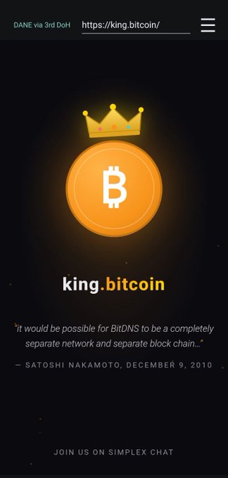 A dark-themed website for "king.bitcoin" at king.bitcoin featuring a Bitcoin coin with a crown, alongside a quote attributed to Satoshi Nakamoto dated December 9, 2010.