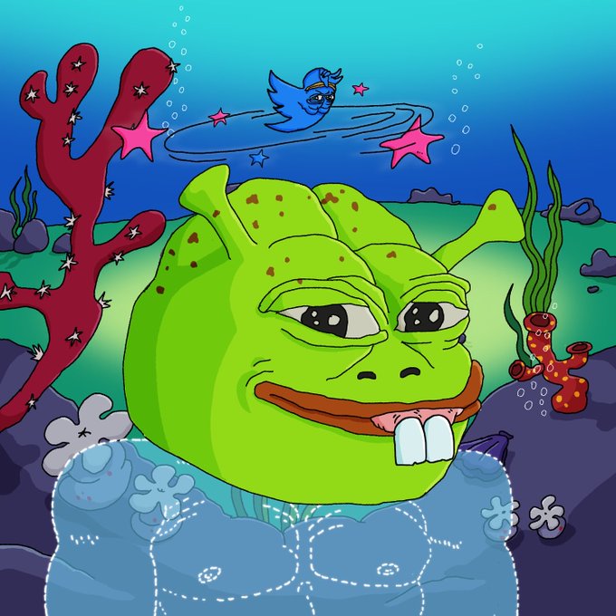 A cartoon green frog-like character with prominent buck teeth grins underwater, surrounded by a red coral reef, starfish, and a small blue flying creature. The whimsical, Pepe-style illustration appears to be promotional artwork for a NFT project linked to the OpenSea collection URL shown in the caption.