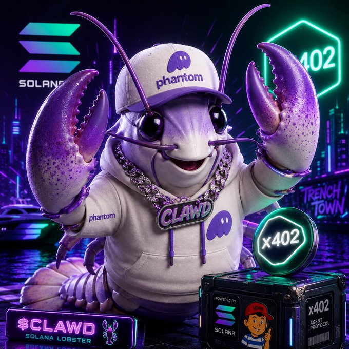 A stylized 3D rendering of a purple lobster mascot wearing a 'phantom' cap and 'CLAWD' chain, surrounded by Solana, x402, and Trench Town branding.