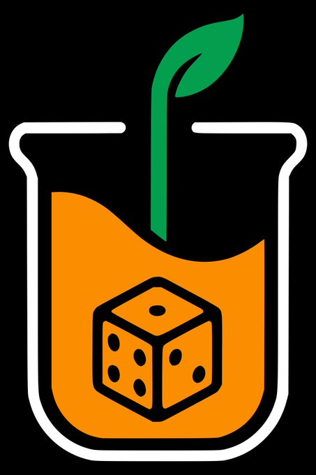A logo depicting a beaker filled with orange liquid, a green plant sprout, and a black-outlined die, representing a 'Juice' or DeFi-related concept.