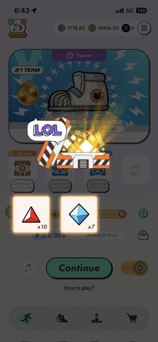 A mobile app screen showing a 'Trainer' section in a mobile game with a boxing glove icon, displaying rewards of 10 red tokens and 7 blue tokens, along with a 'LOL' speech bubble and construction barrier overlay.