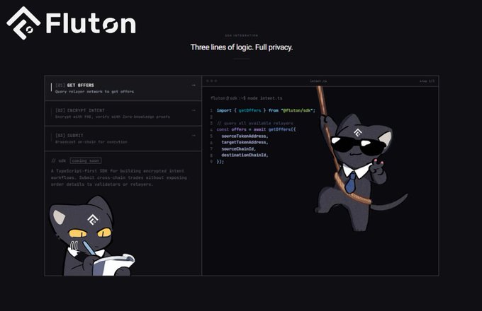 Dark-themed webpage for 'Fluton' SDK Integration with tagline 'Three lines of logic. Full privacy,' displaying TypeScript code snippets and a cartoon black cat mascot wearing sunglasses.