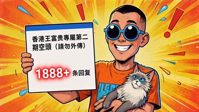 A cartoon-style man in sunglasses holds a document reading "香港王富贵专属第二期空头（请勿外传）" alongside a "1888+ 条回复" badge, while cradling a fluffy cat. The exaggerated, comic-book aesthetic with bright orange rays emphasizes the post's claim of reporting the latest progress on the Fugui second-round exclusive airdrop, highlighting the impressive "1888+ replies" engagement milestone.