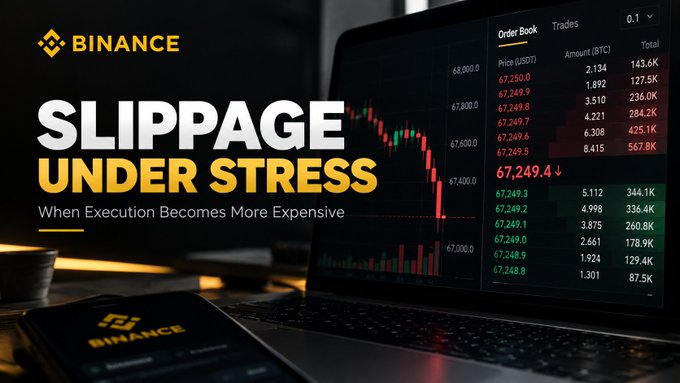 A Binance promotional banner titled 'SLIPPAGE UNDER STRESS - When Execution Becomes More Expensive,' showing a laptop screen displaying BTC order book data with red and green price levels.