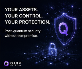 The image features a purple shield with a lock, which appears to be a part of a security system or network. The shield has a lock on one side and a keypad on the other. Above the shield, there's text that reads "Your assets. Your control. Your protection." Below the shield, there is another shield with a lock and a keypad. The image also includes a watermark that says "quip network".