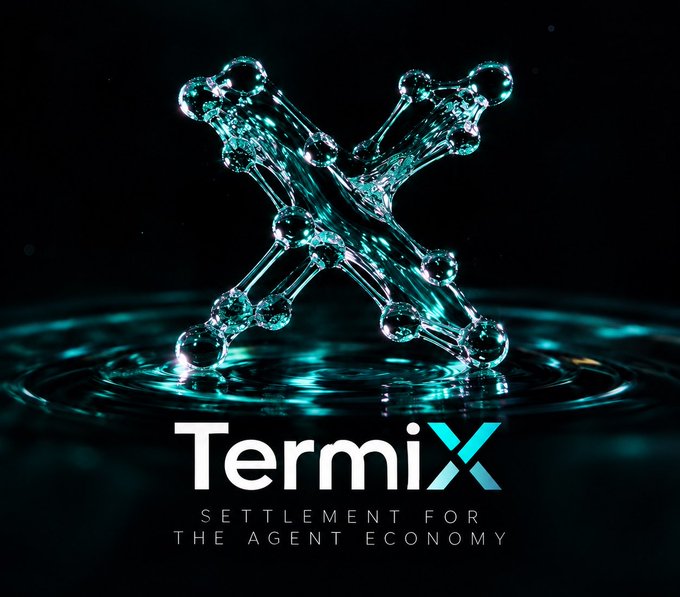 TermiX logo featuring a teal glass X-shaped molecule above water, with the tagline 'SETTLEMENT FOR THE AGENT ECONOMY'.