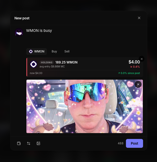 A social media post draft interface showing "WMON is busy" with a crypto trading widget displaying a holding of 189.25 WMON tokens at $4.00 (down 0.4%), alongside a filtered selfie of a person wearing sunglasses with anime-style heart and star effects overlaid.