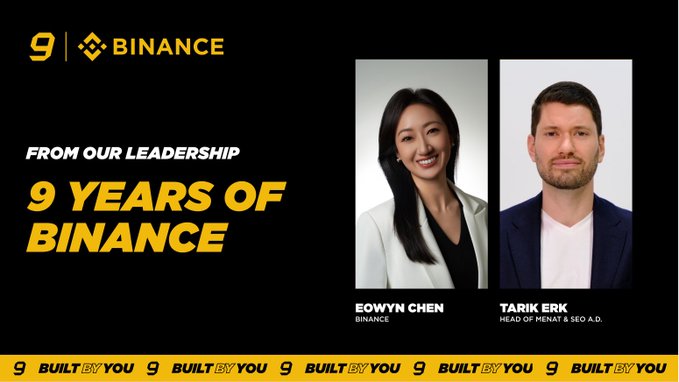 The image shows a Binance 9-year anniversary promotion featuring leadership figures Eowyn Chen and Tarik Erk, with the headline "9 Years of Binance" and a "Built By You" tagline, marking the start of their celebratory broadcast.