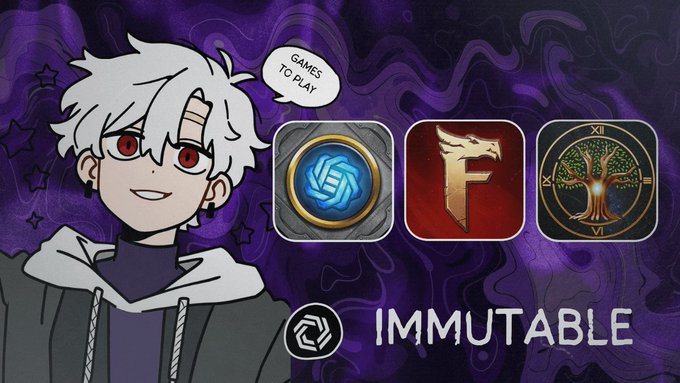 The image features a cartoon boy with white hair, wearing a gray hoodie, standing against a purple background. The boy has red eyes and is smiling at the camera. Below him, there are four game icons displayed in a row, including "Haven't played much this week of any web3 games (so locked in with riftbound) But will definitely gonna deep dive into some TCG games on @Immutable and will probably go back into streaming Games on the list - Might & Magic Fates - Gods Unchained - Elowyn: Quest of Time". The boy's position, along with his facial expression, suggests that he is excited about exploring these new games.