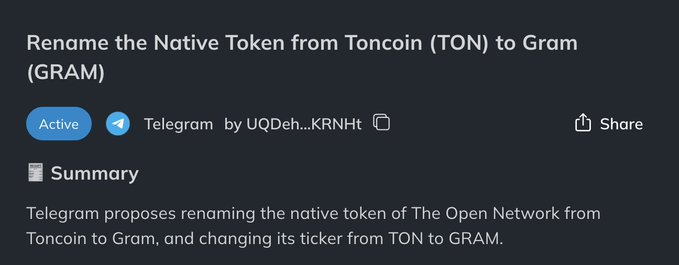 The image shows a screenshot of an email message that appears to be about renaming tokens or native tokens from TON to Gram. The text in the email suggests that the sender has proposed this change, but the network name remains the same. This means that the transition is not yet complete and will likely take place over the next three weeks.