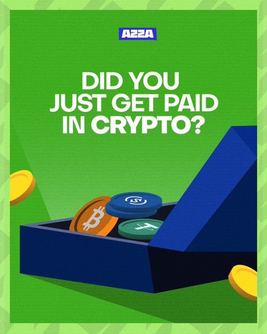 A promotional graphic from AEZA with the text 'DID YOU JUST GET PAID IN CRYPTO?' showing coins including BTC, USDT, and XRP falling out of a blue box.