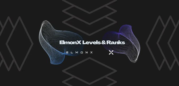A dark promotional banner reading 'ElmonX Levels & Ranks' with the ElmonX logo, featuring abstract blue and purple wavy 3D shapes against geometric background patterns.
