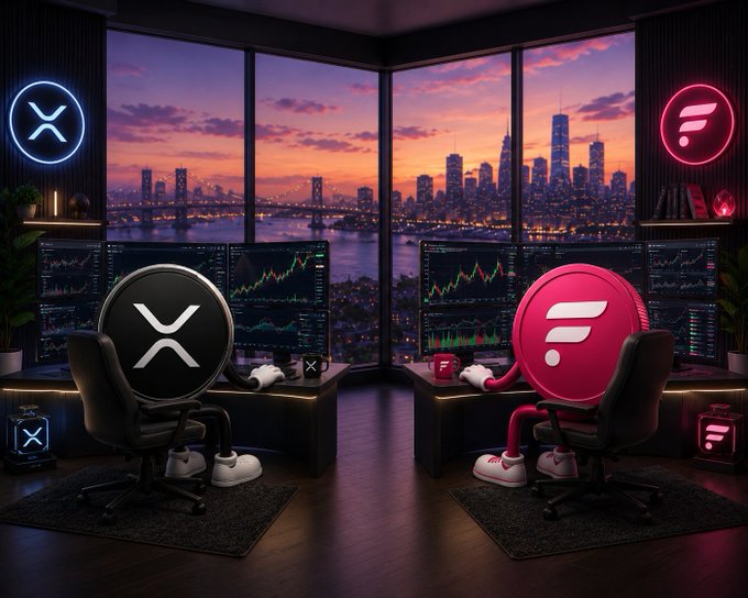 A futuristic office setup features two anthropomorphic crypto mascots—a black XRP coin and a pink Flare (FLR) coin—each seated at a trading desk with charts displayed on monitors, overlooking a sunset city skyline. Neons signs displaying the XRP and FLR logos flank the scene, visually reinforcing the post's encouraging message to holders of both cryptocurrencies for the new week.