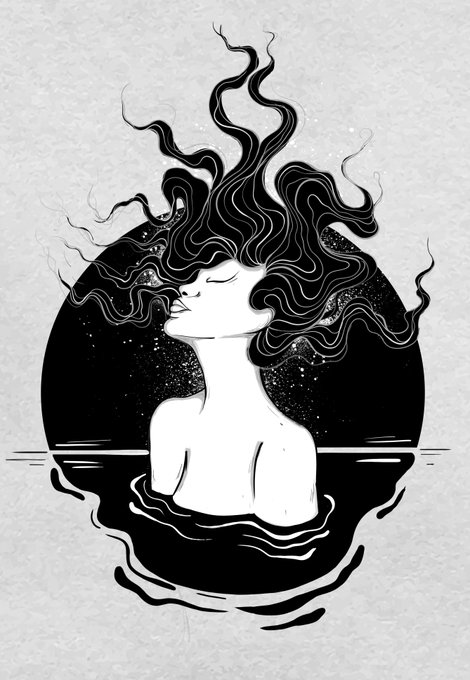 A serene black and white illustration depicts a woman emerging from water with her flowing hair transforming into swirling tendrils that blend into a starry night sky within a circular frame. The ethereal artwork aligns with the post's promotion of the "Resonance" collection featured in the Tezos Tuesday NFT drop showcase on Objkt.