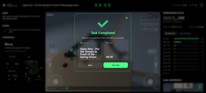 A screenshot of a task completion screen showing 'Task Completed' with a green checkmark, indicating a completed mission to 'Put the Tomato in Front of the Spring Onion' taking 00:30, with options to go Back or start Next Task.