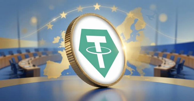 A 3D rendering of a Tether (USDT) gold coin in front of a European Parliament-style conference room with EU stars and a map of Europe, suggesting regulatory or institutional context for the stablecoin.