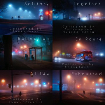 A 2x3 grid of moody, atmospheric lo-fi music playlist cover art featuring foggy nighttime urban scenes, with titles 'Solitary,' 'Together,' 'Reflection,' 'En Route,' 'Stride,' and 'Exhausted,' collected by various artists including Shekiyoshi, Batisouprwm, Musicaineiio, and Janesiaofineart.