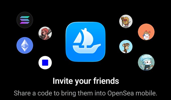 An OpenSea mobile app invite screen displaying the OpenSea sailing ship logo surrounded by various NFT avatars (including Ethereum, Solana, and Cool Cats) with text 'Invite your friends' and 'Share a code to bring them into OpenSea mobile.'