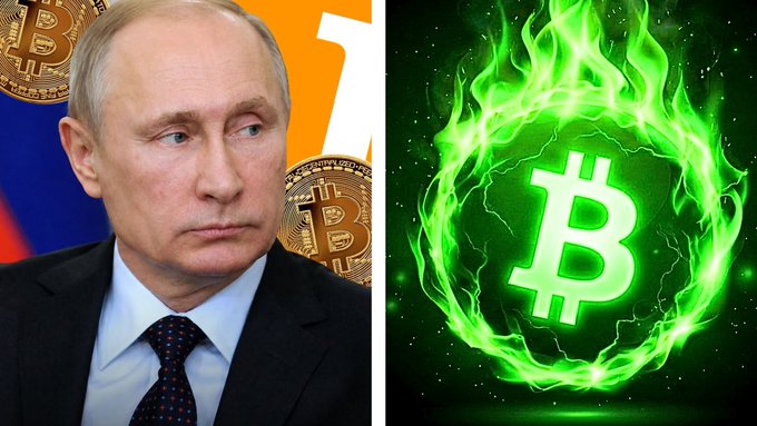 Split image showing Vladimir Putin in front of the Russian flag and Bitcoin coins on the left, and a green flaming Bitcoin logo on the right.