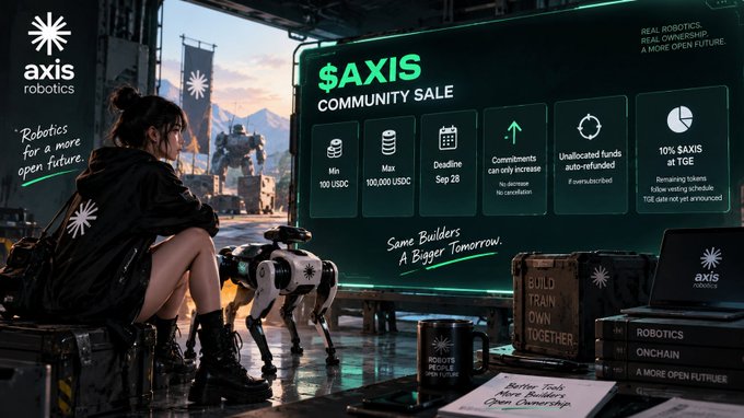 A promotional banner for axis robotics announcing a '$AXIS COMMUNITY SALE' with a minimum of 100 USDC and a maximum of 100,000 USDC, featuring the tagline 'Robotics for a more open future' and 'Same Builders. A Bigger Tomorrow.'