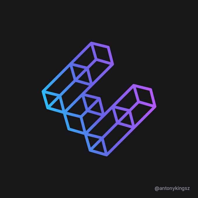 Digital artwork on a black background featuring a 3D geometric logo made of interconnected cube outlines with a purple-to-blue gradient. Credit: @antonykingsz.