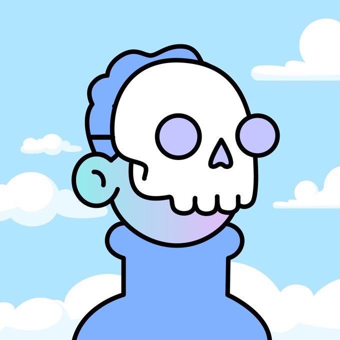 A cartoon-style illustration of a character with a blue cap and clothing, whose face has been replaced with a white skull with purple eyes, set against a cloudy blue sky.