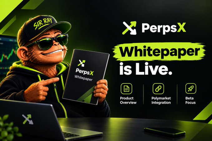 A dark green and neon-lime promotional graphic for “PerpsX Whitepaper is Live,” featuring an illustrated monkey in sunglasses holding a booklet and icons labeled “Product Overview,” “Polymarket Integration,” and “Beta Focus.”