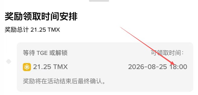 A notification showing a total reward of 21.25 TMX tokens awaiting TGE distribution, with the claimable time highlighted by a red arrow pointing to 2026-08-25 at 18:00. This corresponds to the post's reminder to claim TermMax alpha and Booster rewards by the 6 PM deadline.