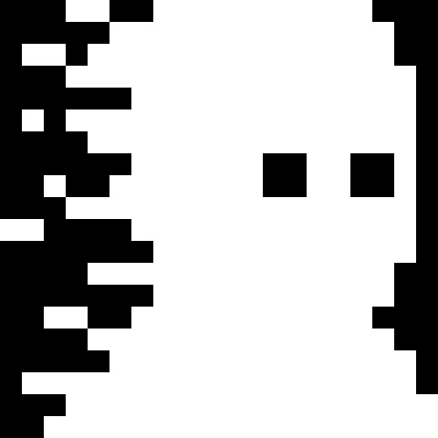A black and white pixelated image showing a rough facial outline with two dark square eyes against a mostly white background, with heavy black pixelated texture on the left side.