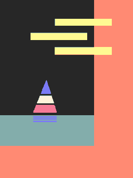 A minimalist illustration of a small sailboat with a striped sail floating on teal water against a dark gray sky with stylized clouds, set on a coral pink background.
