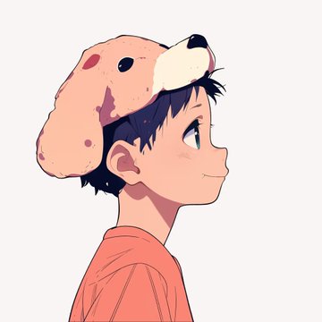 An anime-style illustration of a young boy in an orange shirt wearing a tan dog-shaped hat with floppy ears.