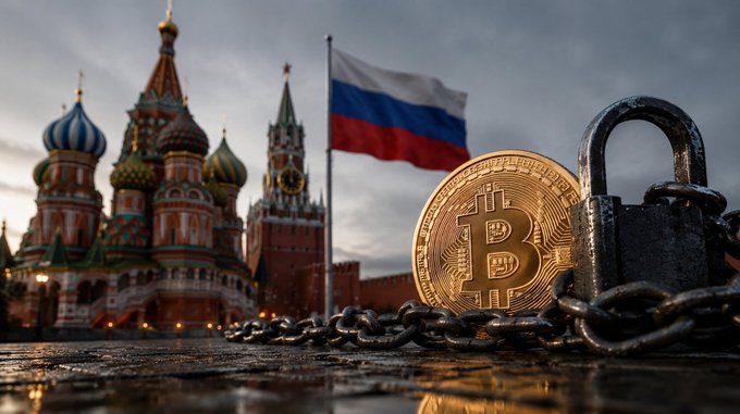 A photograph showing a Bitcoin coin and chain with a padlock in the foreground, with the Russian flag and Saint Basil's Cathedral in Moscow visible in the background.