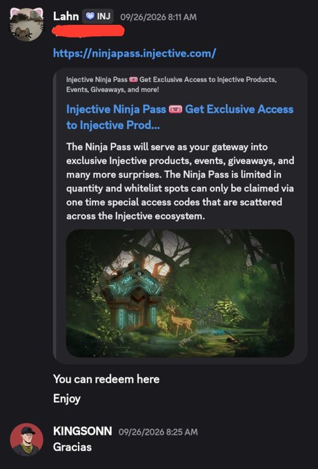 A Discord message from 'Lahn' sharing a link to 'Injective Ninja Pass' for exclusive products and events, with a reply from 'KINGSONN' saying 'Gracias'.