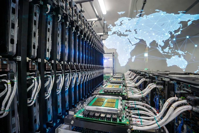 A data center/server room with rows of servers and cables, overlaid with a digital world map graphic showing network connections.