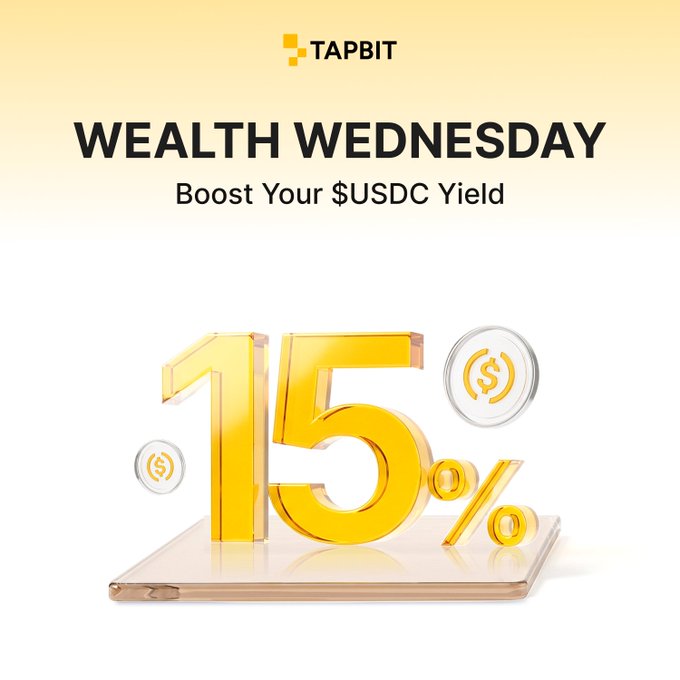 A TapBit promotional graphic for 'WEALTH WEDNESDAY' promoting a 15% USDC yield boost, featuring 3D gold '15%' numbers on a phone with USDC coins.