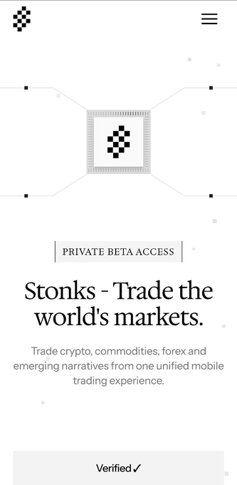 A clean white mobile landing page for "Stonks" featuring a minimalist black logo of stylized "S" marks at the top and centered, labeled "PRIVATE BETA ACCESS" above the bold tagline "Stonks - Trade the world's markets," with subtitle text explaining the app lets users "Trade crypto, commodities, forex and emerging narratives from one unified mobile trading experience," visually reinforcing the post's pitch of a streamlined mobile-first trading platform with a waitlist signup link.