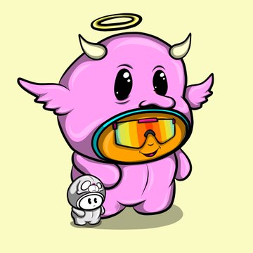 A cartoon illustration of a pink character in a horned costume with a halo, wearing reflective sunglasses and holding a small mushroom figure.