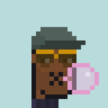 A simple pixel art character with dark skin wearing a cap and sunglasses, holding a pink circular object, against a teal background.