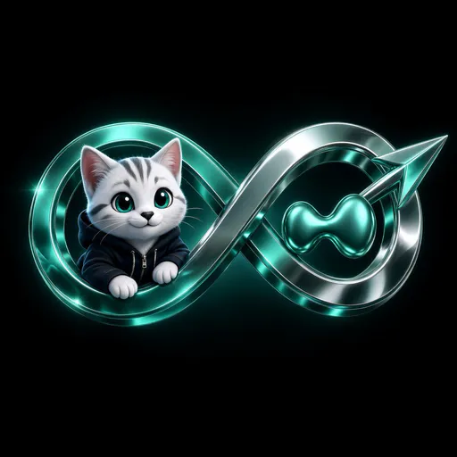 A digital illustration shows a cute white kitten in a black hoodie positioned within a glowing teal infinity symbol alongside a bone-shaped element.