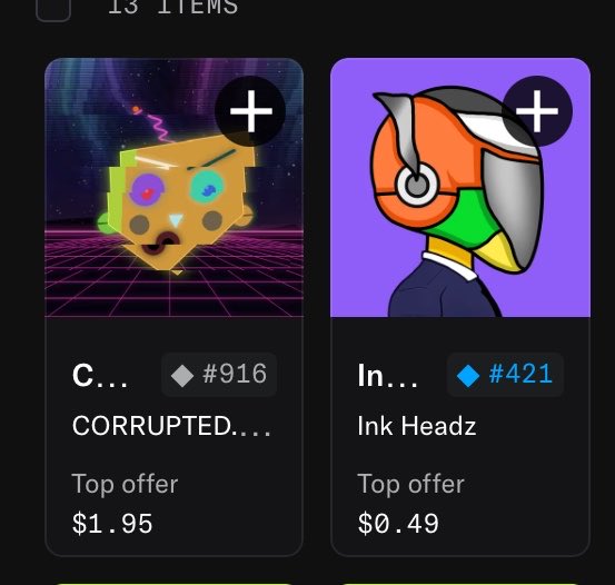 A marketplace listing screen showing two NFT items for sale: a pixelated 'CORRUPTED' item with a top offer of $1.95, and an 'Ink Headz' profile picture with a top offer of $0.49.