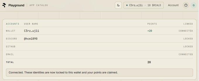 Account dashboard on Playground App Catalog showing wallet C3rz_uj11 connected with 10 $RIA10 and 20 total points from linked identities.
