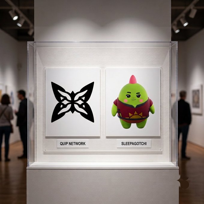 An art gallery display case showing two framed artworks labeled 'QUIP NETWORK' (a black butterfly logo) and 'SLEEPAGOTCHI' (a green character resembling a Tamagotchi), with visitors browsing in the background.
