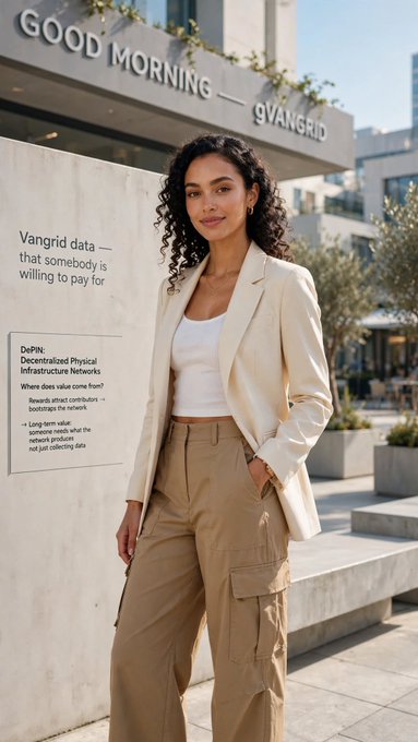 A woman in a cream blazer and tan cargo pants standing outdoors in front of a wall reading 'GOOD MORNING — aVANGRID' and displaying information about 'Vangrid data' and 'Decentralized Physical Infrastructure Networks'.