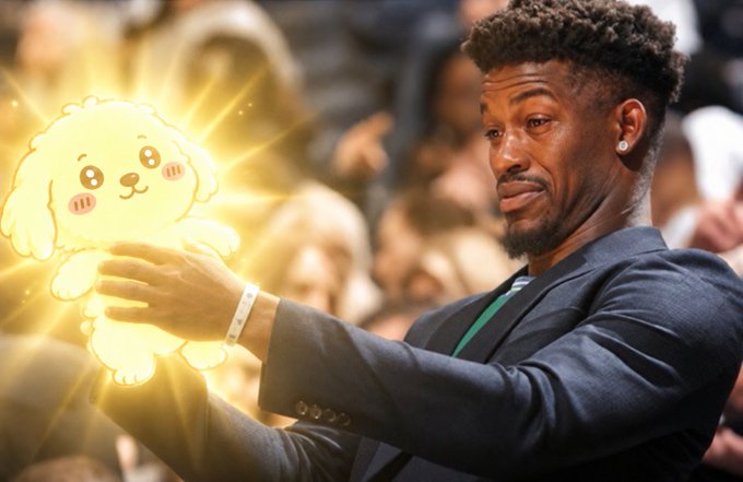 Basketball player Jimmy Butler holds a glowing cartoon dog illustration added over the image.