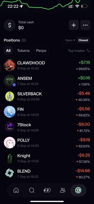 A mobile app screenshot showing cryptocurrency trading positions including CLAWDHOOD, ANSEM, SILVERBACK, FIN, 7Stock, POLLY, Knight, and BLEND, all showing losses.