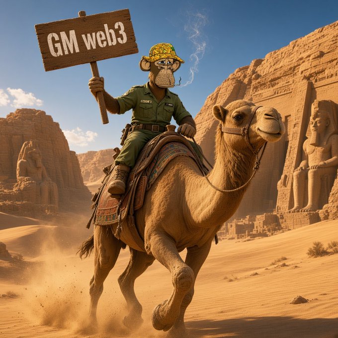 An AI-generated image of a Bored Ape character in military attire riding a camel in a desert, holding a 'GM web3' sign.