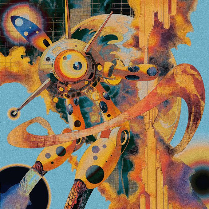 A colorful, detailed digital illustration of a mechanical, insect-like robot with orange and yellow tones against a blue sky.